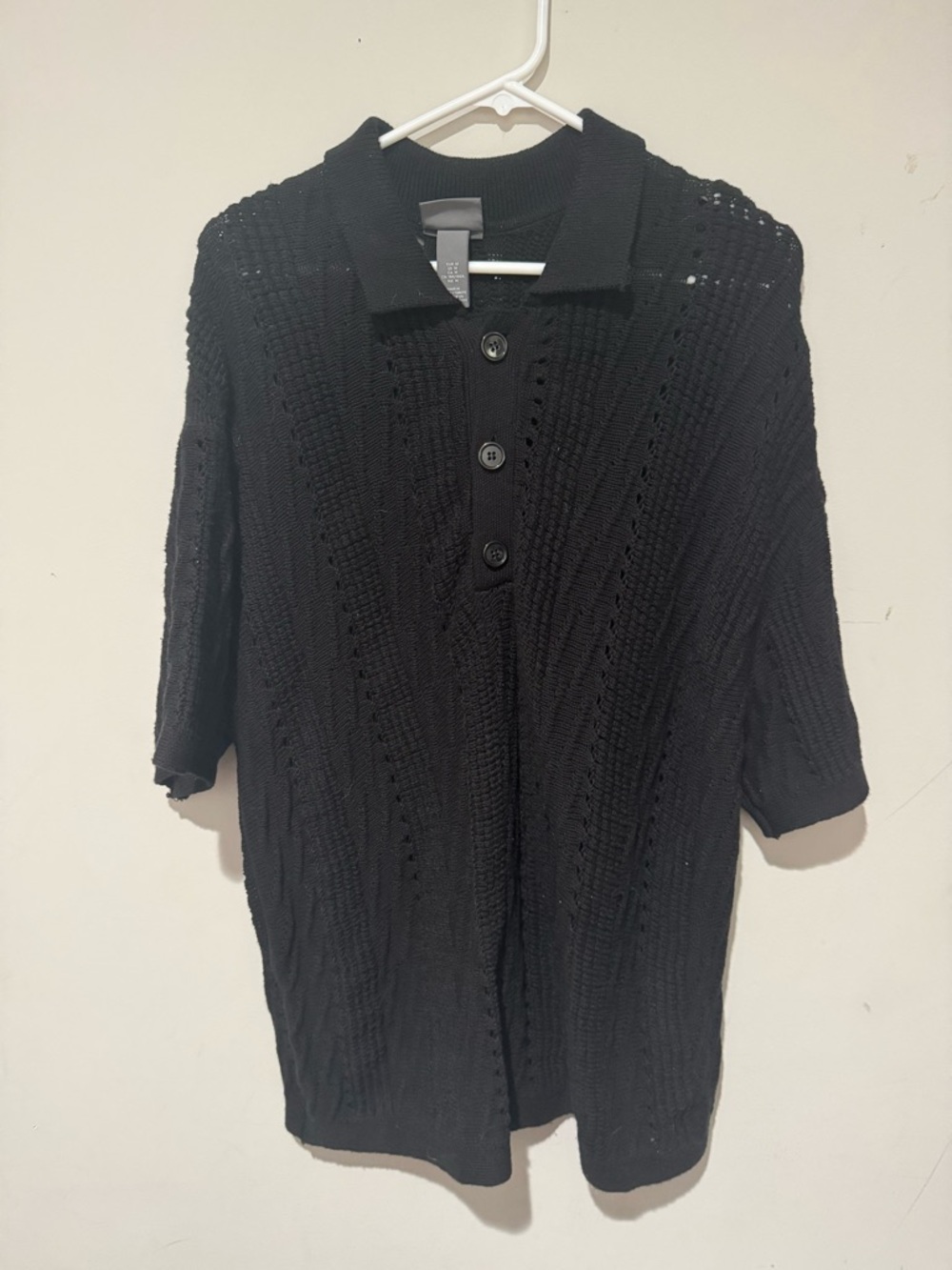 H&M Black Short-Sleeve Open-Knit Polo Shirt